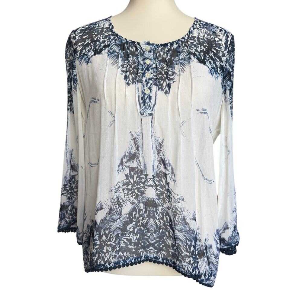 Ecru 100% Silk Blue Floral Print Pom Trim Henley Blouse Top Size Small